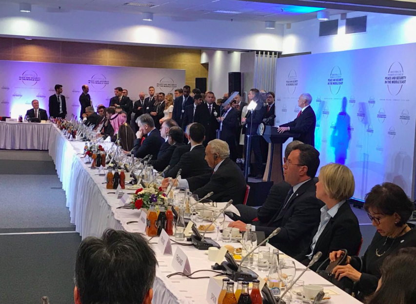 A speech at the Warsaw Conference for Middle Eastern peace, attended by about 60 nations. Credit : Twitter/Jason Greenblatt