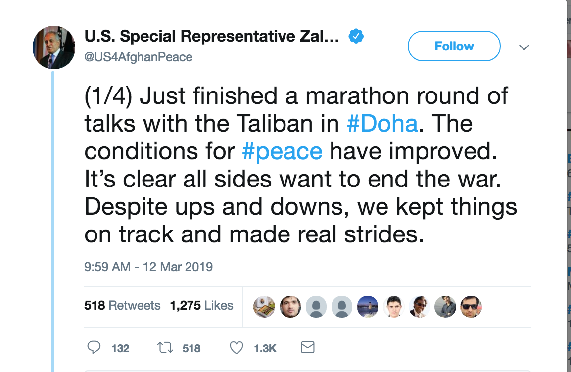 Tweet published by U.S. Special Representative Zalmay Khalilzad on March 12, 2019; Photo: Twitter