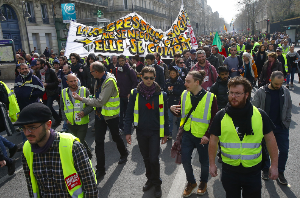 For the 19th consecutive weekend of demonstrations since November, “Yellow Vest” protesters gathered in Paris on Saturday. Photo: Michel Euler/ AP