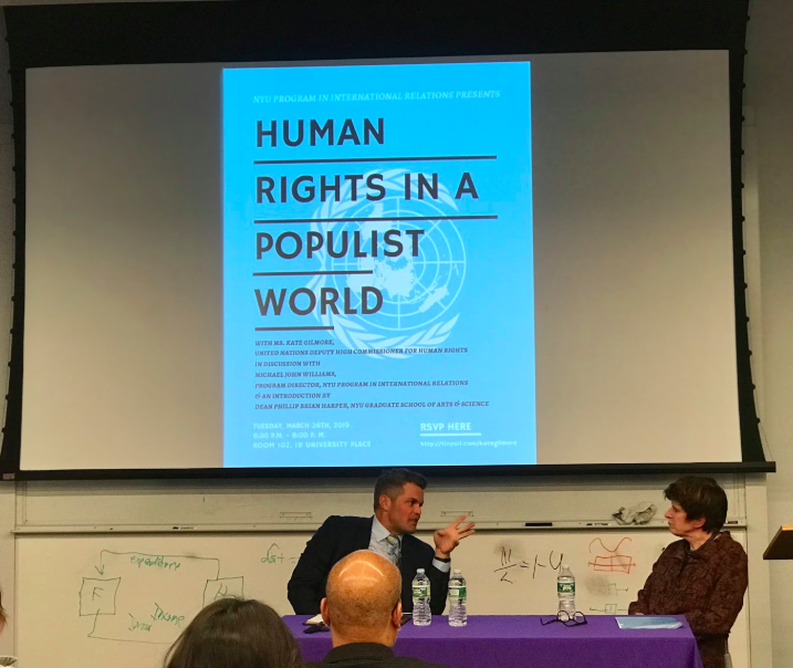 Kate Gilmore, UN Deputy High Commissioner for Human Rights (right) addressing questions from John Williams, program director of NYU’s International Relations department