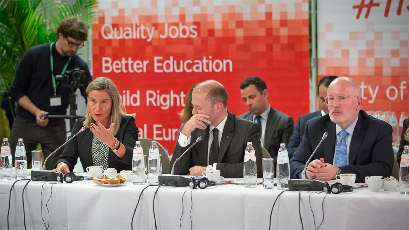 High Representative of the Union for Foreign Affairs and Security Policy Federica Mogherini of Italy (left), Prime Minister Joseph Muscat of Malta (center), and First Vice-President of the European Commission and PES Common Candidate Frans Timmermans of the Netherlands (right) on April 10, 2019. Photo: PES