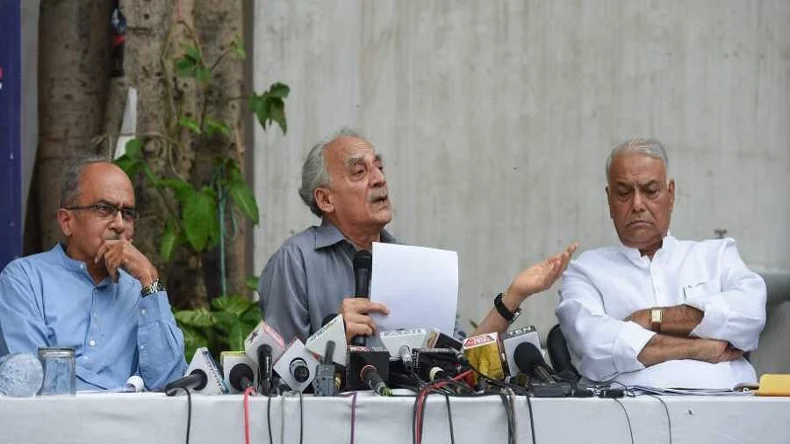 Sitting from left to right: Former union ministers Yashwant Sinha and Arun Shourie and activist lawyer Prashant Bhushan are key petitioners who submitted Rafale review pleas in order to investigate the possible discrepancies in the deal. Photo: NewsX