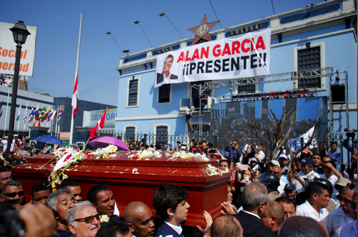 Family and friends carried García’s coffin through the streets of Lima on Friday during the ex-president’s funeral. García’s family, allies, and supporters gathered for three national days of mourning. Photo: Janine Costa / Reuters .