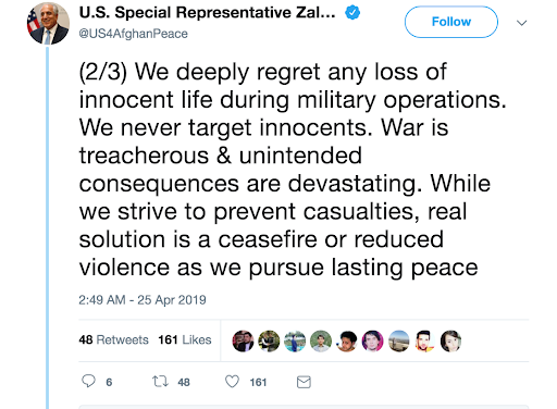 Tweet from US special envoy to Afghanistan, Zalmay Khalilzad; Photo: Twitter