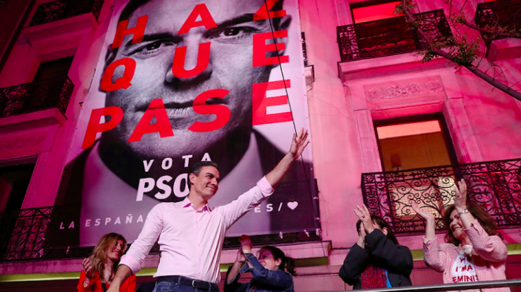 PM Pedro Sánchez celebrates a general election win for PSOE in Madrid, Spain. Photo: Sergio Perez/ Reuters