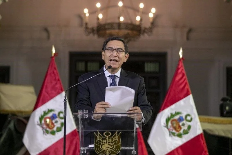 President Martín Vizcarra delivers a national message from the Presidential palace. Photo: AP/ Andrés Valle