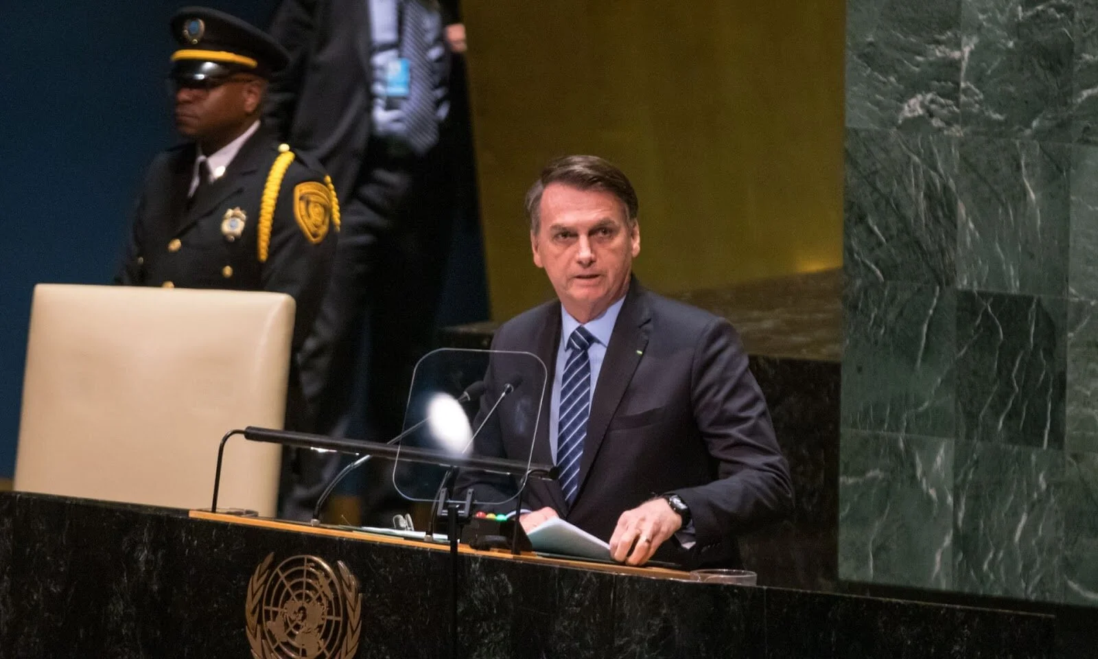Jair Bolsonaro at the United Nations General Assembly in New York City on Tuesday. Photo: William Volcov / REX / Shutterstock
