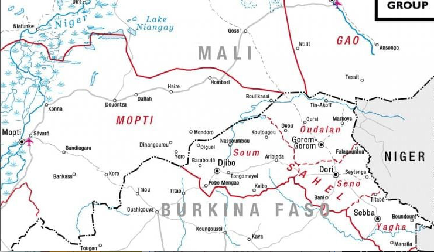 Political map showing areas of radical Islamic terrorist activity within the close proximity of Mali, Burkina Faso and Niger. Photo: Mike Shand / International Crisis Group