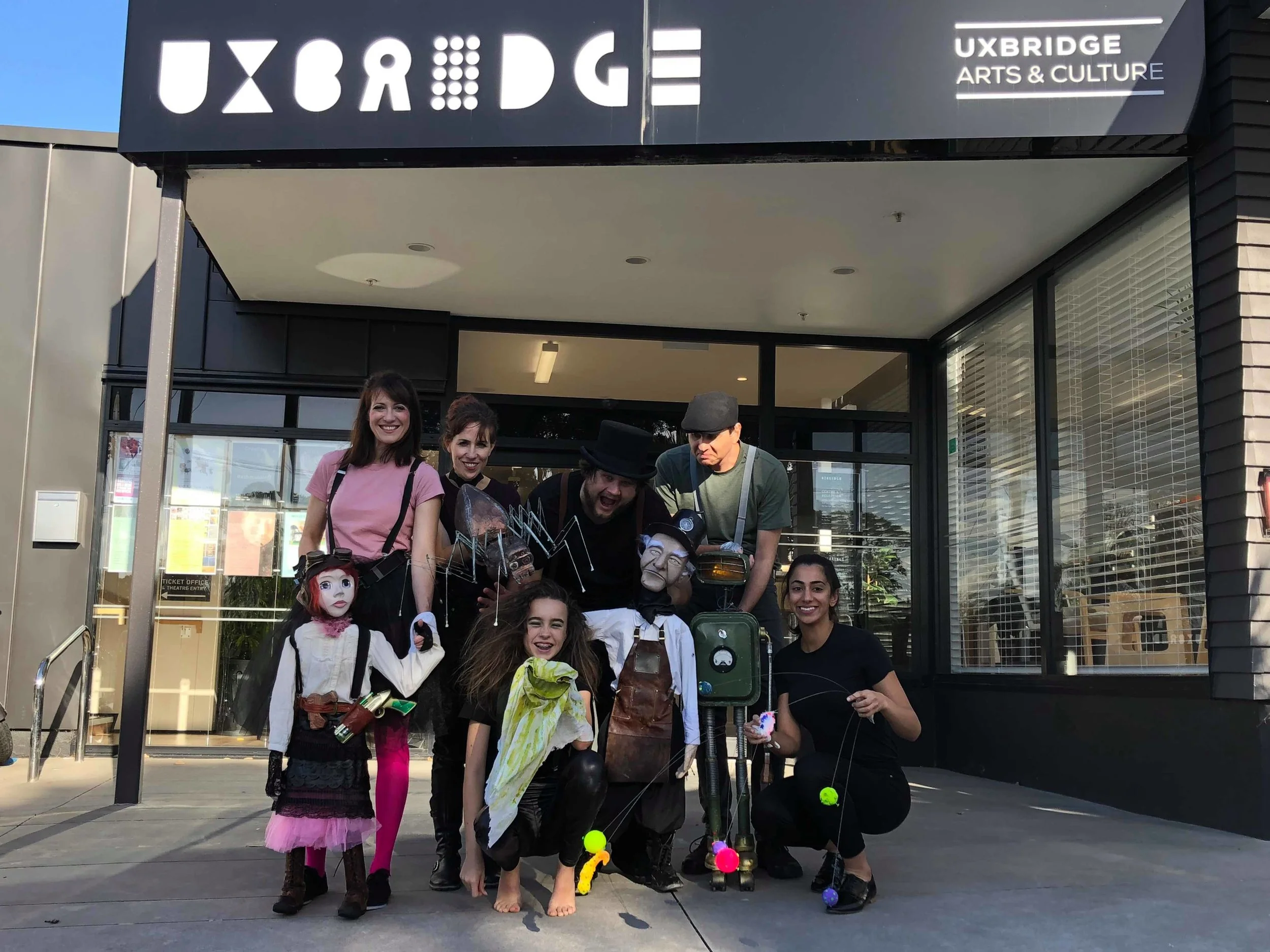 The 2018 Cast of The Snot-Gobbler outside of Uxbridge Arts & Cultural Centre in Howick