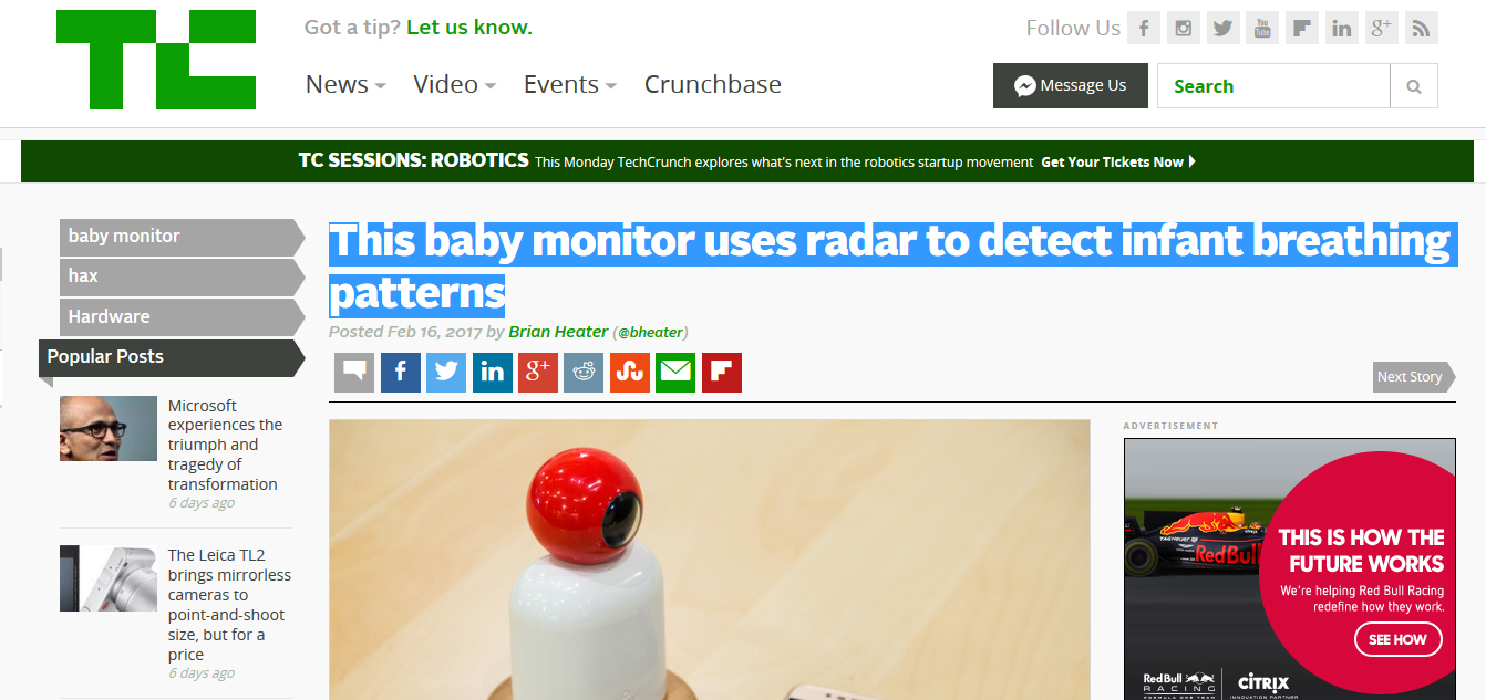 This baby monitor uses radar to detect infant breathing patterns