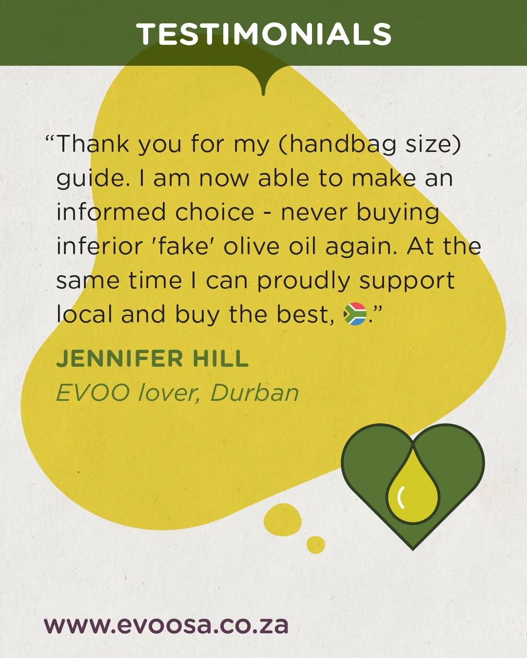 #testimonialtuesday 

South Africa produces some of the best Extra Virgin Olive Oil (EVOO) in the world and we want everyone to know about it.

Like wine, EVOO (pronounced ee-voo) is influenced by cultivar, terroir, climate and the maker. It is a gif