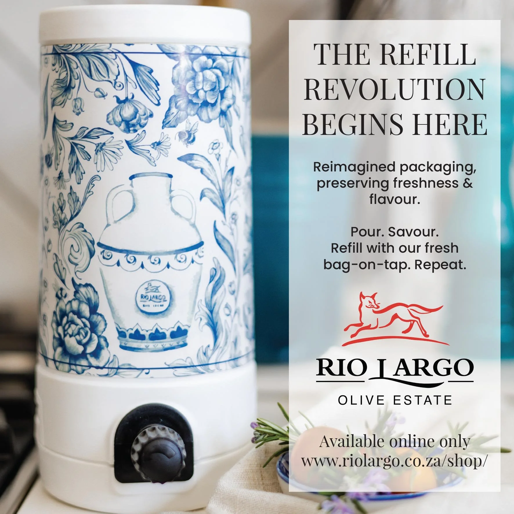 Ad: Rio Largo Extra Virgin Olive Oil Refill Decanters