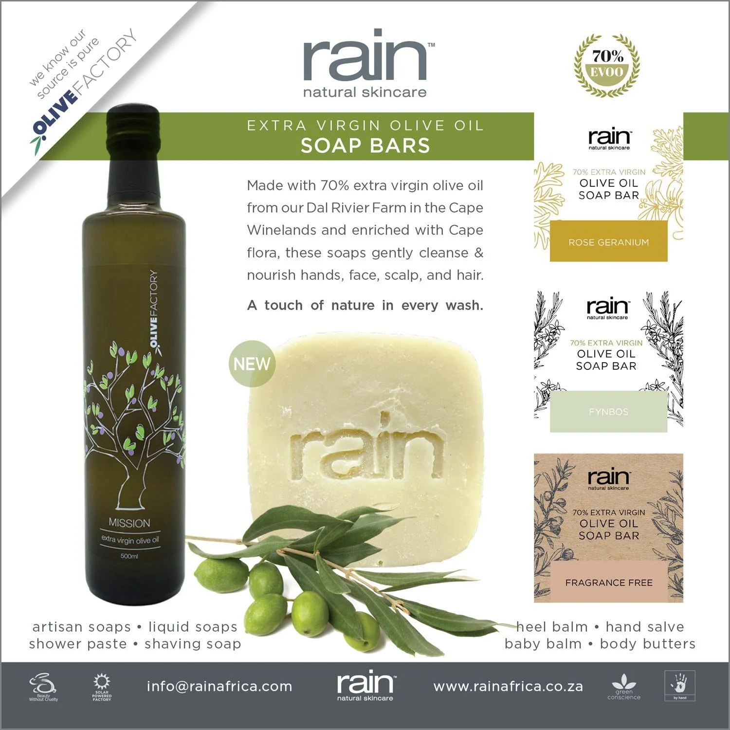 Rain Natural Skincare, made with 70% extra virgin olive oil