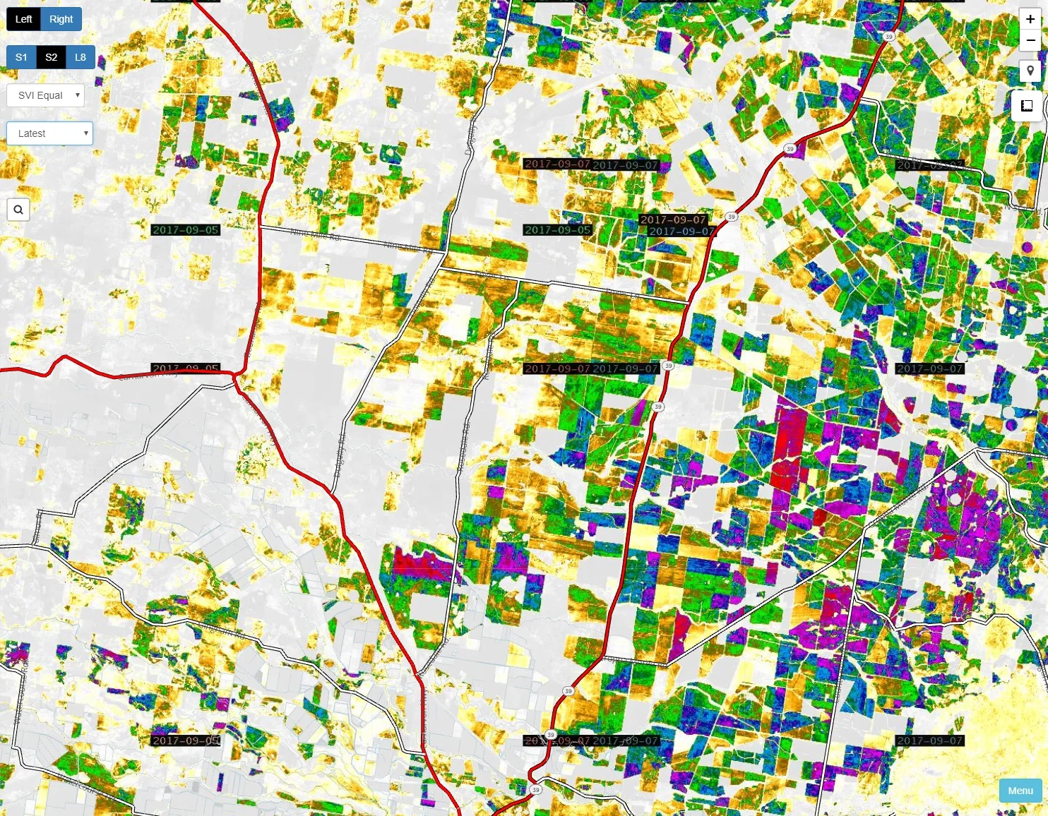 September 2017 north of Moree, NSW, Australia. This image shows the difference in crop from east to west in a challenging season.