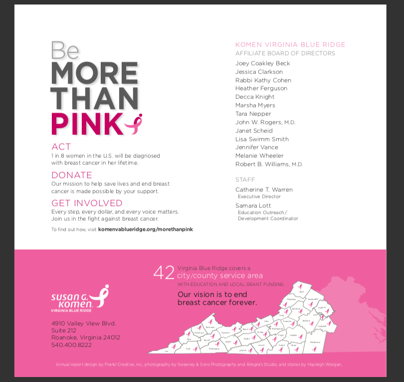 Stories for the 2016 Susan G. Komen Virginia Blue Ridge Annual Report
