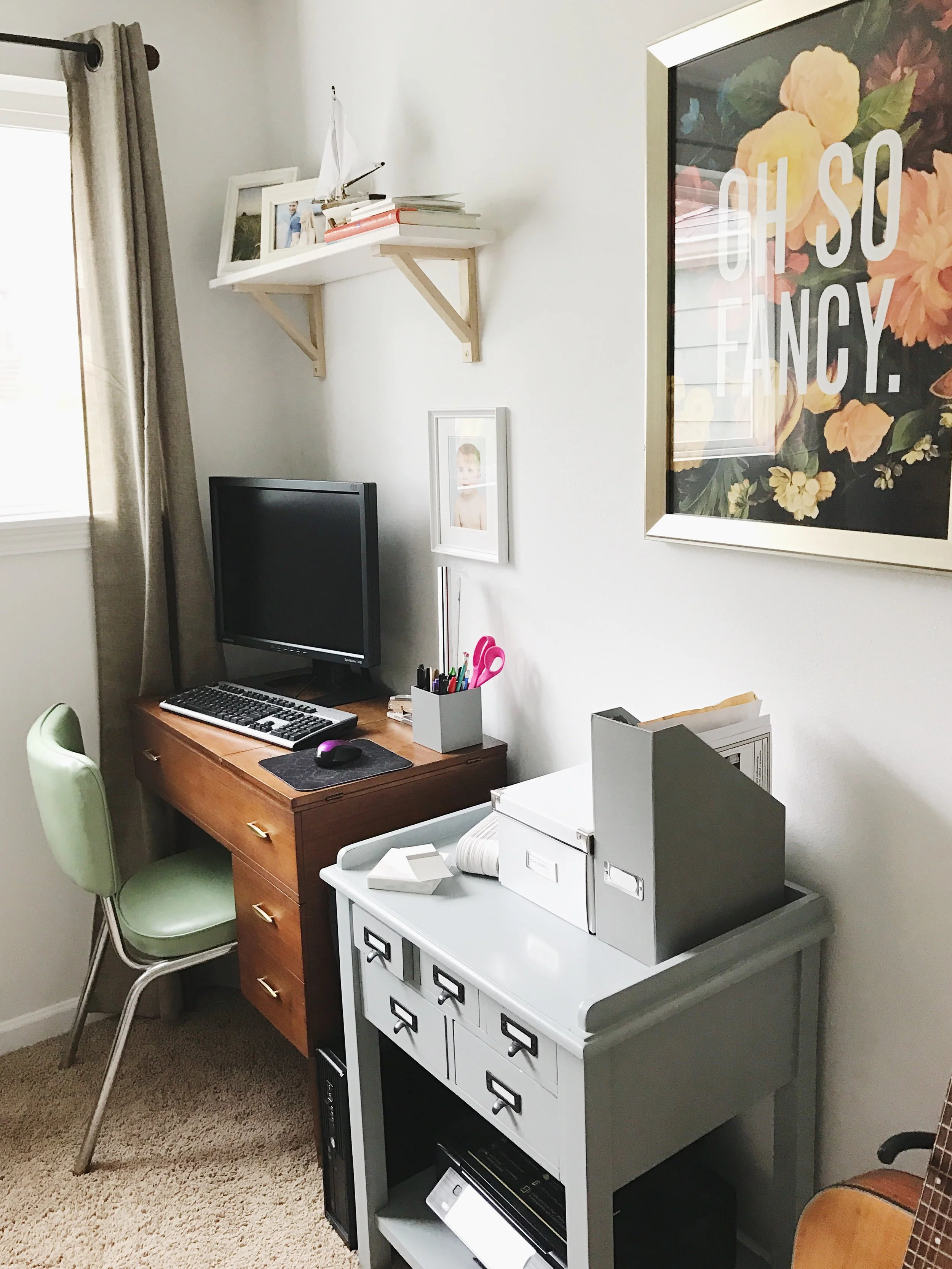 The sewing table is intended to be used as a laptop desk but temporarily for now my old monster drafting desktop has to reside here. 