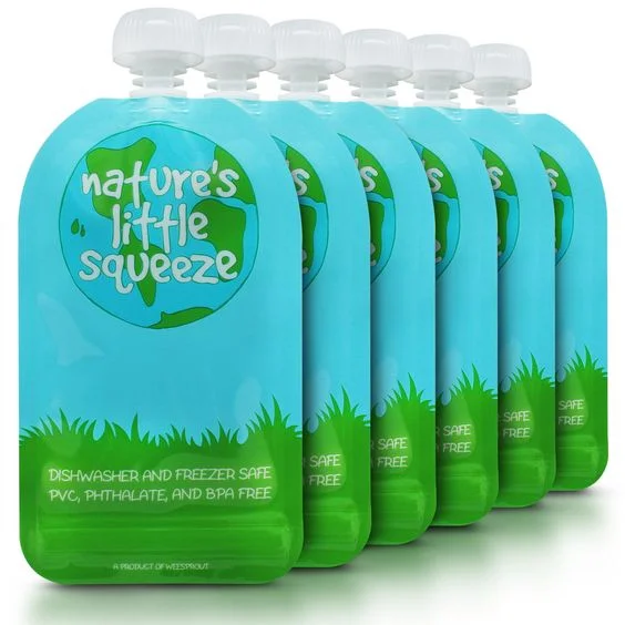 These reusable pouches for home-made baby food are really great. Store bought baby food pouches are super convenient but so very wasteful. When selecting pouches for home-made food, look for pouches that have a large resealable opening for easy filling and cleaning. Avoid the pouches that require special attachment to fill and are not actually reusable. 