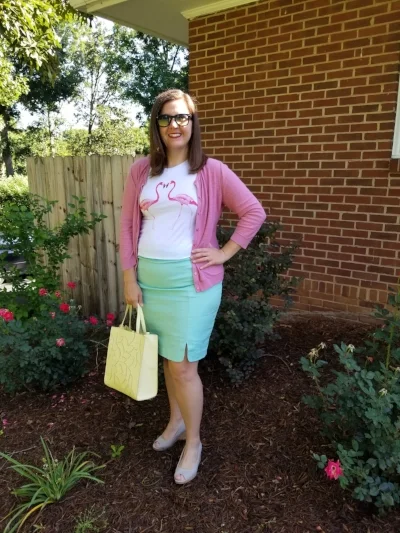 Flamingo prints were huge this past summer, and to incorporate the trend for work, I paired this cute top with a classic pencil skirt and cardigan.