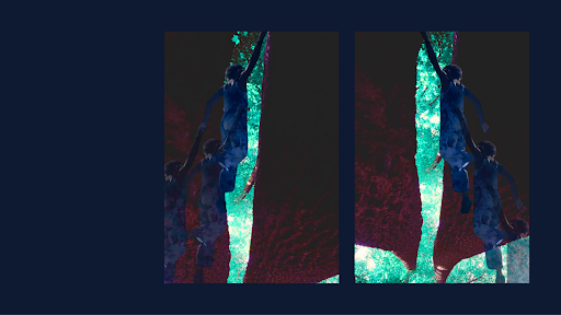 A figure appears in repeated ascent, reaching upward through a luminous vertical seam, where motion, effort, and transformation unfold across a darkened field.