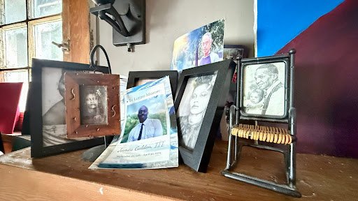 This vertically framed photograph presents three family portraits stacked across time. Each image captures a different moment, style, and generation, creating a visual narrative of continuity and change.