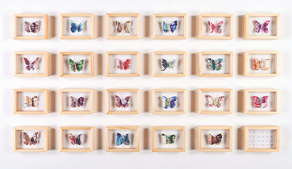   ERIKA HARRSCH ,  EUROESPECÍMENES,  2011 - 2016. ARCHIVAL INK PRINT ON COTTON PAPER, CUTOUT AND HAND PAINTED BUTTERFLIES AND ENTOMOLOGICAL BOXES. 23 OF THE BOXES CONTAIN A EUROSPECIMEN AND ONE BOX CONTAINS 23 PINNED TAGS WITH INFORMATION ON EACH EXT