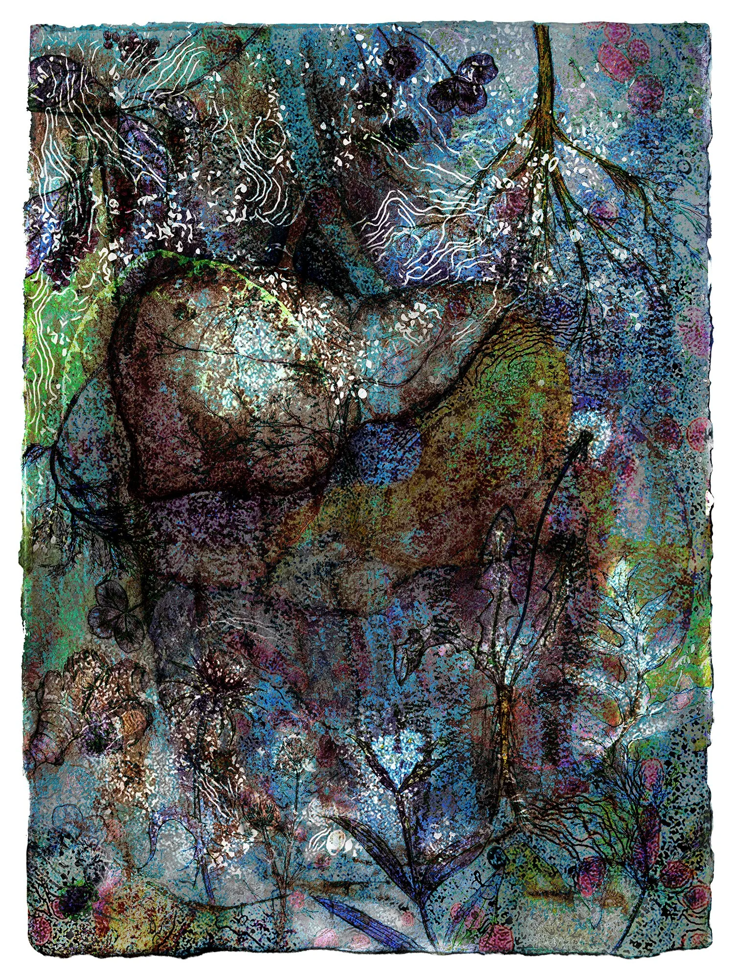 Elizabeth Hall   Viriditas: Digestive System   (2022) hand enhanced, limited edition Giclee  30” x 24”  Digestive System corresponding herbs: Agrimony, Artichoke leaf, Burdock, Chicory, Dandelion, Gentian, Ginger, Goldenseal, Fennel, Milk Thistle, R