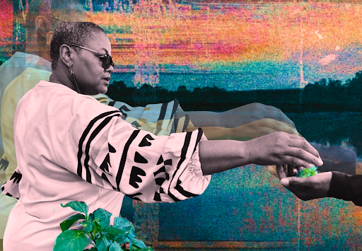 A woman extends her hands in an act of exchange, her figure layered against a saturated, shifting landscape, where care, reciprocity, and transformation quietly take shape.