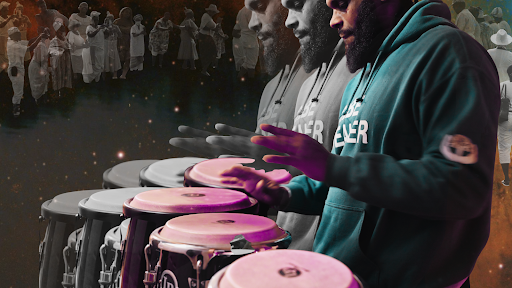 A layered, rhythmic composition shows a drummer multiplied in motion, hands suspended above glowing drums as ancestral figures gather in the background, evoking ritual, memory, and the pulse of collective spirit.