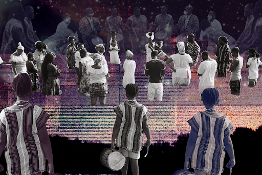 A figure appears in repeated ascent, reaching upward through a luminous vertical seam, where motion, effort, and transformation unfold across a darkened field.