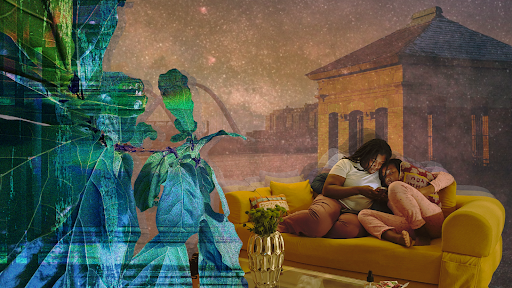 A quiet domestic moment unfolds on a yellow sofa as a caregiver and child read together, layered with riverfront architecture, star-filled skies, and leafy forms that blur home, memory, and place.