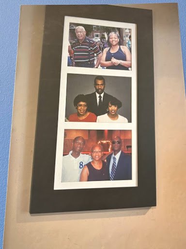 This vertically framed photograph presents three family portraits stacked across time. Each image captures a different moment, style, and generation, creating a visual narrative of continuity and change.