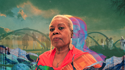 A woman faces the viewer as layered figures cross a distant bridge behind her, the doubled portrait and shifting colors suggesting remembrance, transition, and ancestral continuity.