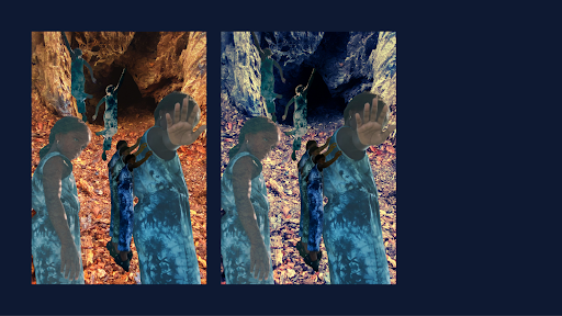 A mirrored procession of figures emerges from a cave-like passage, their layered bodies and raised hands shifting between warmth and cool tones, suggesting ritual, resistance, and collective passage through time.