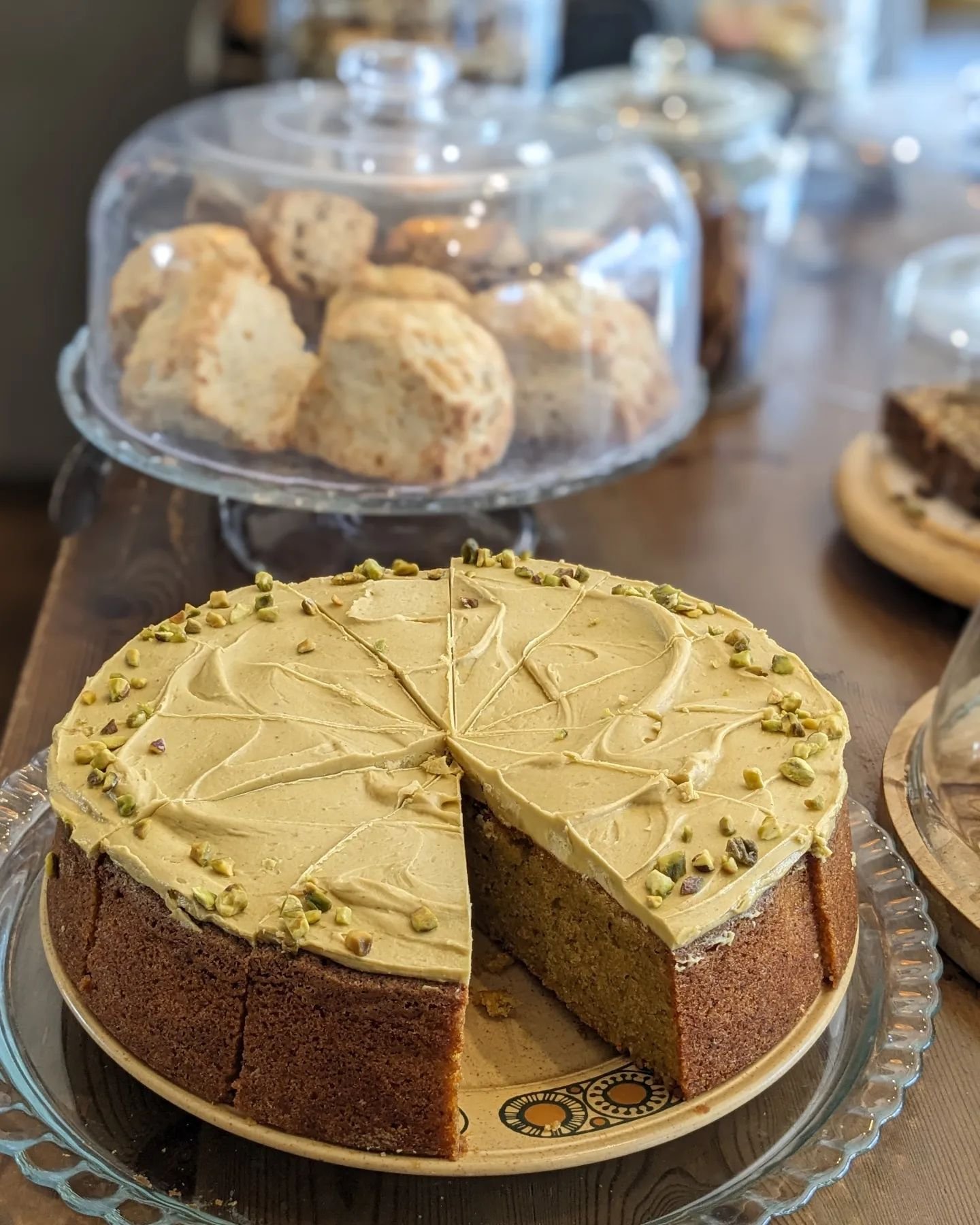 So nice, we've had it twice! 

This Pistachio Cake has been so popular when we've had it before, that it's made a return to the counter quite soon after its last appearance. We usually mix things up and don't have the same big cake on for a good few 