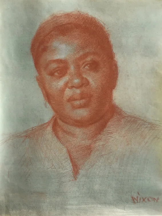 Yolanda, red and white chalk on toned paper