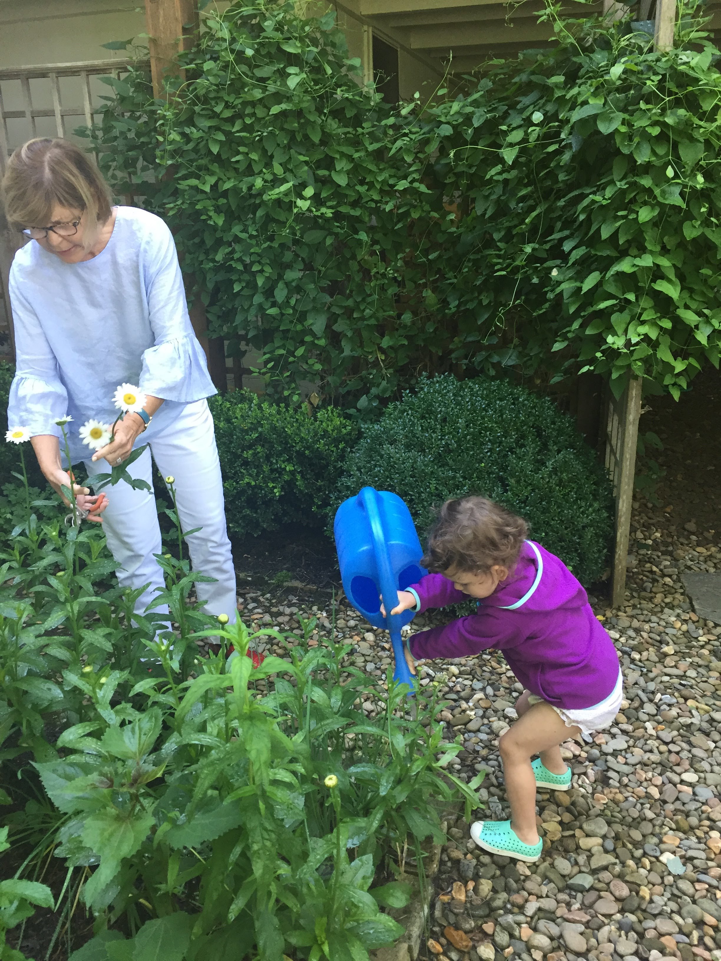 Helping Mimi water the garden
