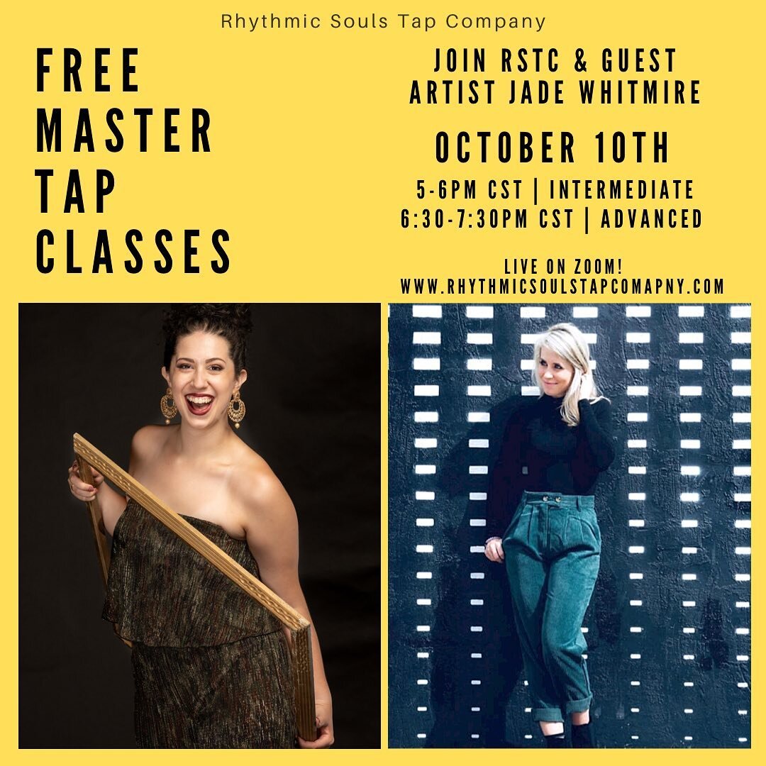 ✨REGISTRATION NOW OPEN!!!✨
⠀
Join RSTC &amp; special guest @jadeambermarie for FREE Online Master Classes on October 10th!⠀
⠀
5-6pm CST Intermediate Tap⠀
6:30-7:30pm CST Advanced Tap⠀
⠀
Sign up through our website to secure your spot! Link in bio. Sp