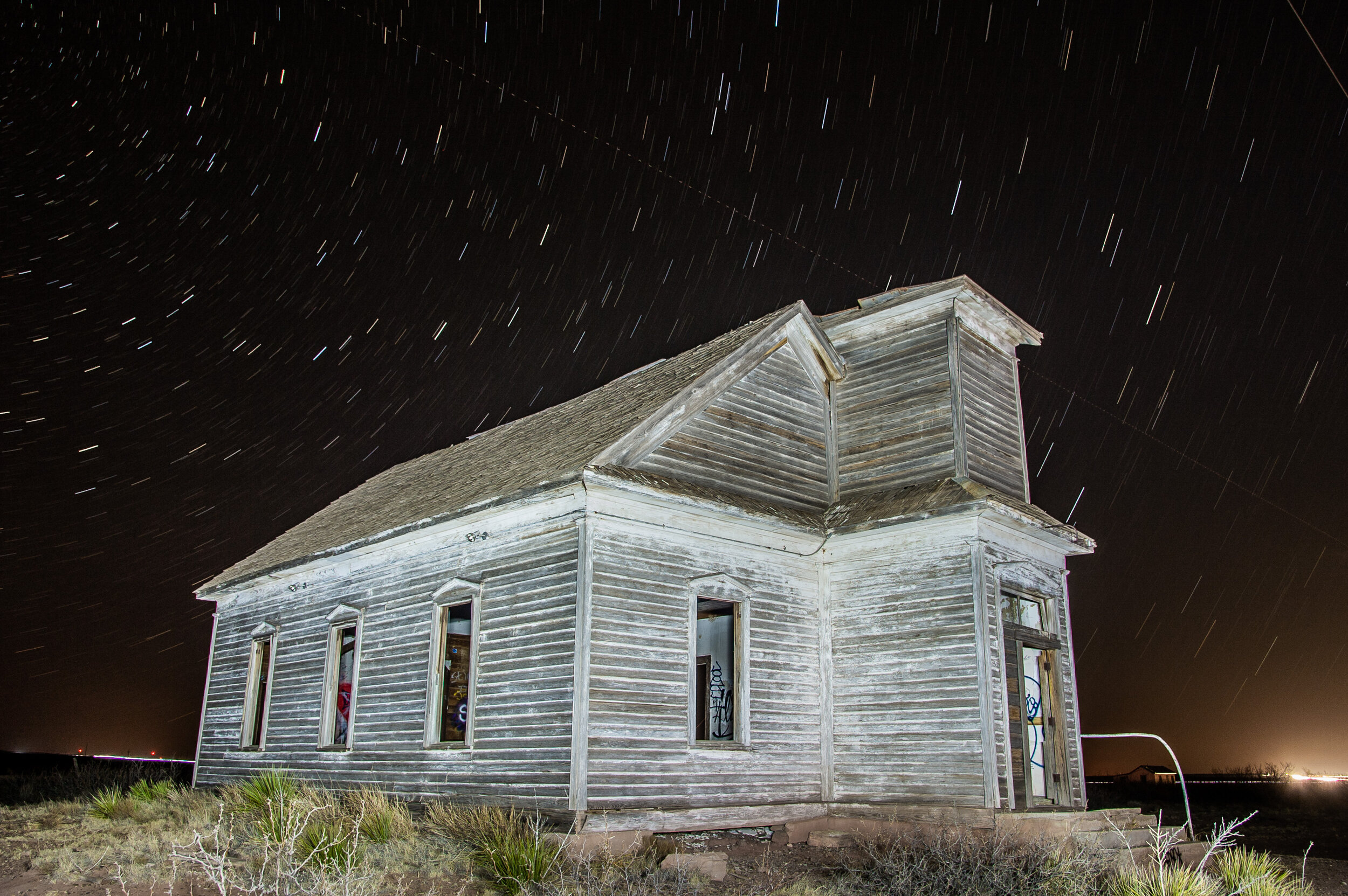  The abandoned Taiban Presbyterian Church sits under the stars on Saturday, April 10, 2021, in Taiban, N.M. The city was founded in 1906 by railroad workers and homesteaders, where a Presbyterian church was built in 1908. Taiban is most commonly know