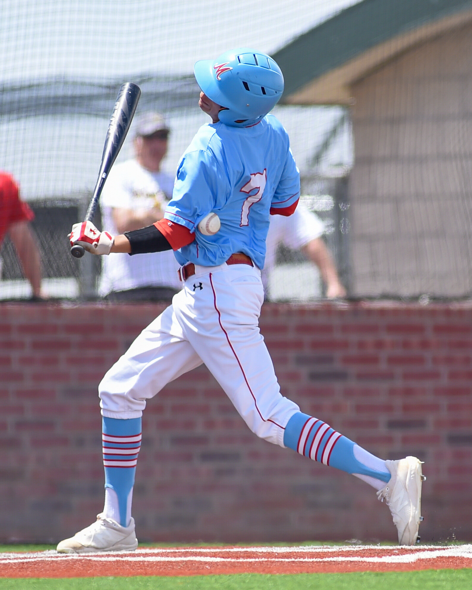  Monterey’s Nathaniel Ramos (7) gets hit by a pitch during a high school baseball game against Amarillo on Saturday, March 27, 2021 in Amarillo, Texas. 