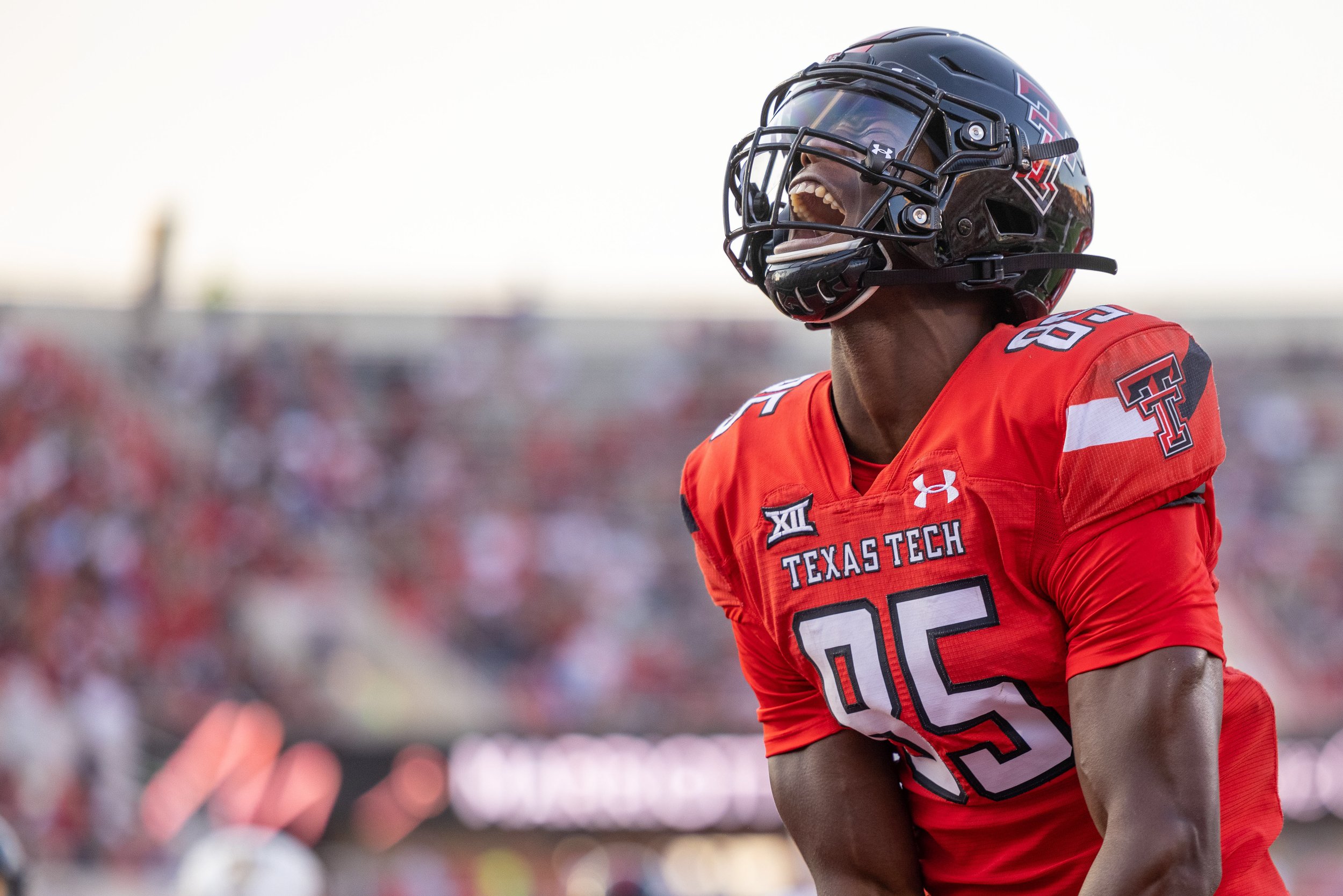  Texas Tech's Trey Cleveland (85) celebrates a touchdown during the first half of the team’s NCAA college football game against Florida International University on Saturday, Sept. 18, 2021 in Lubbock, Texas. 