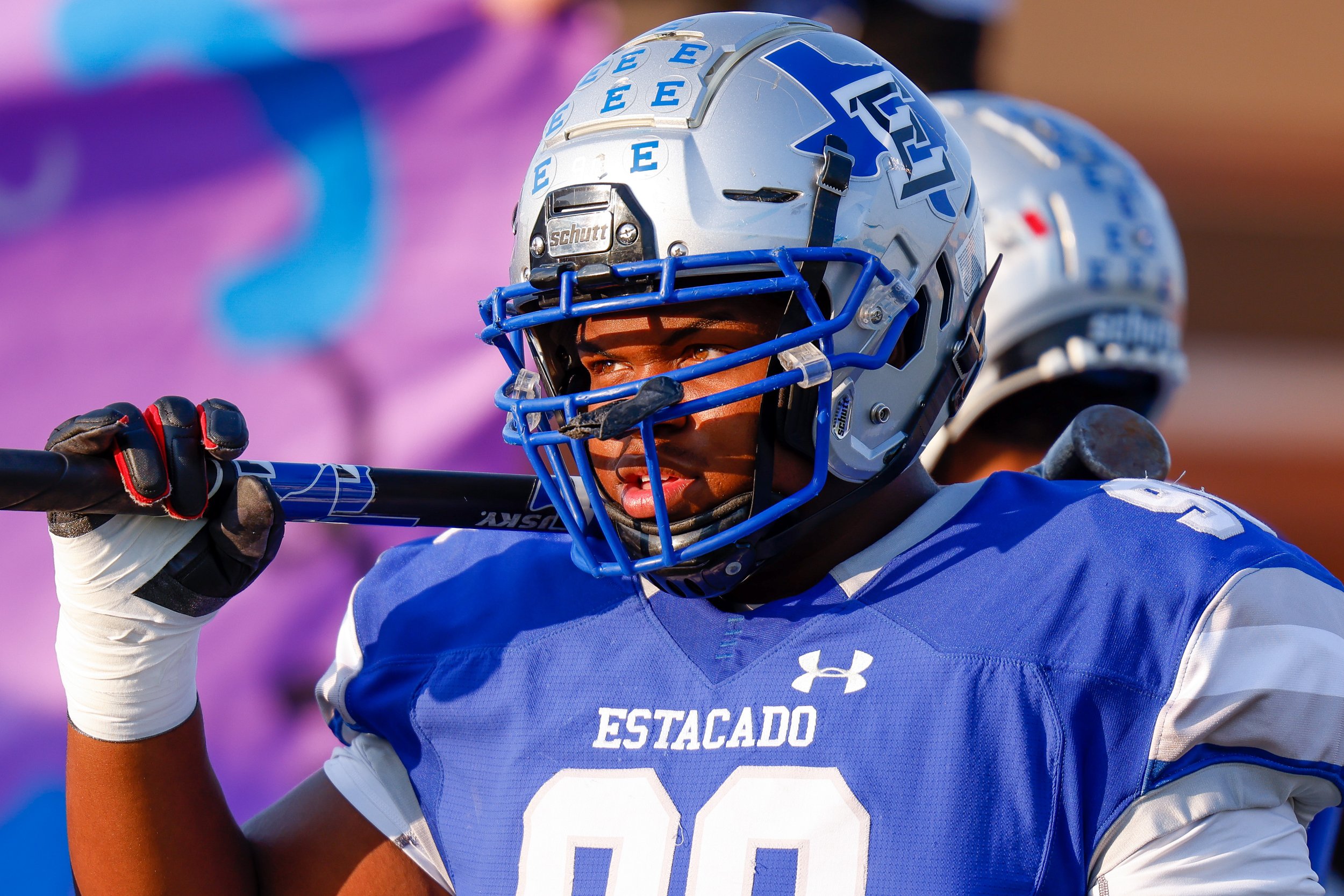  Estacado’s Antwone Haskins (90) prepares to run onto the field for a high school football game on Friday, Sept. 9, 2021 in Lubbock, Texas.  