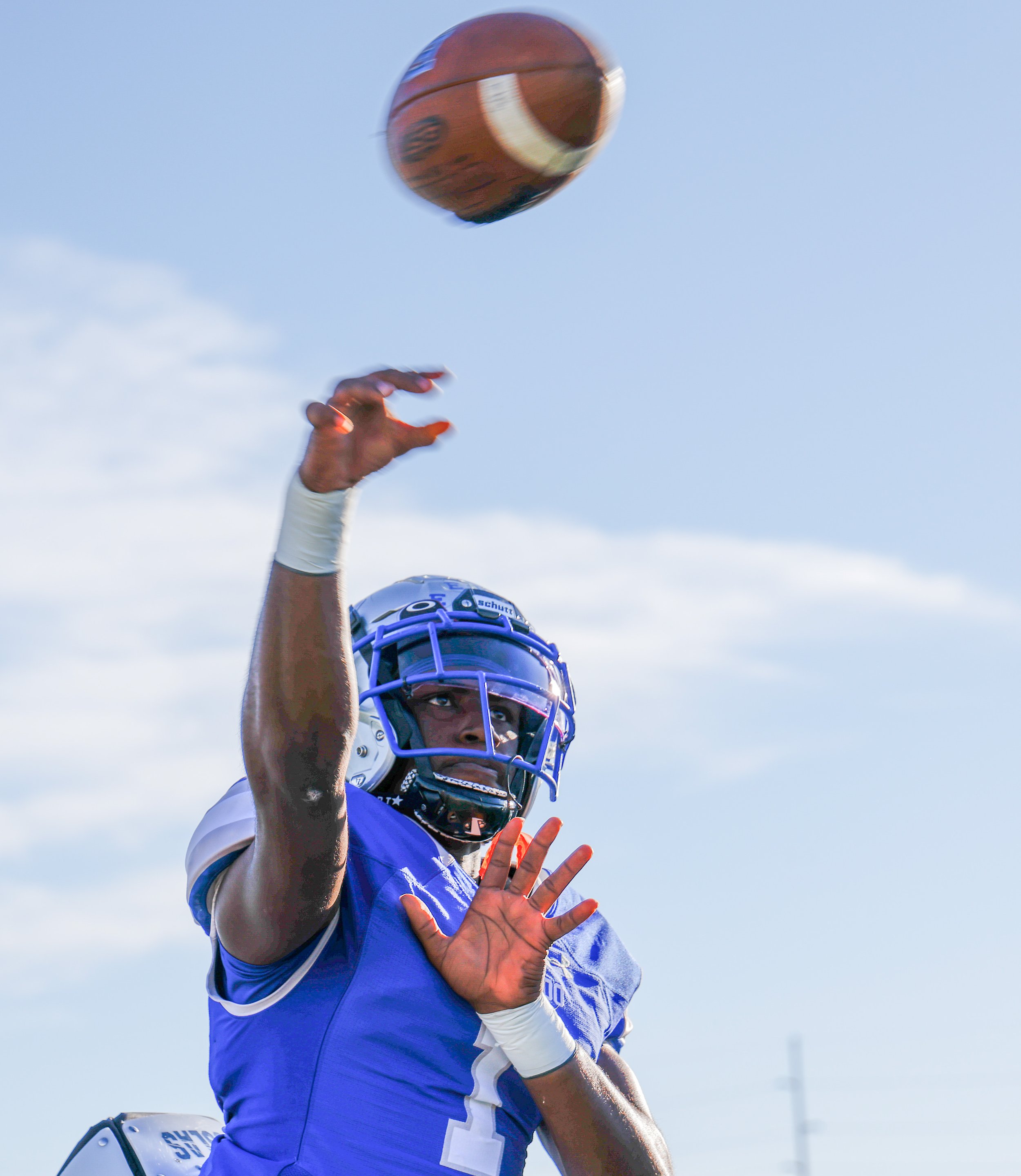 Estacado’s Colby Sims (1) warms up before the team’s high school football game against Andrews on Thursday, Sept. 23, 2021 at Lowrey Field in PlainsCapital Park in Lubbock, Texas. 