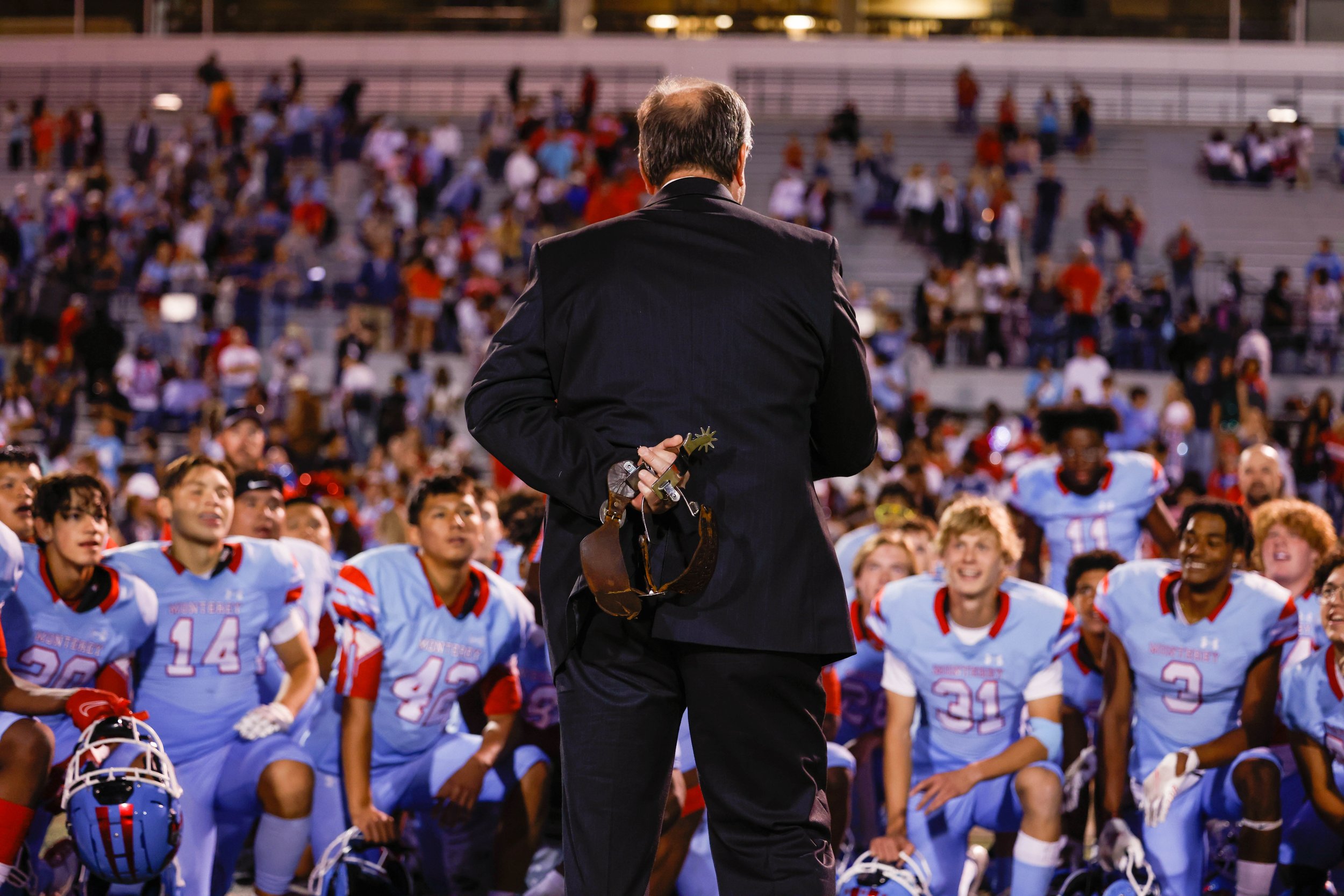  The Monterey Plainsmen celebrate winning the Silver Spur trophy after the team’s high school football game against Lubbock on Friday, Sept. 24, 2021 at Lowrey Field in PlainsCapital Park in Lubbock, Texas. 