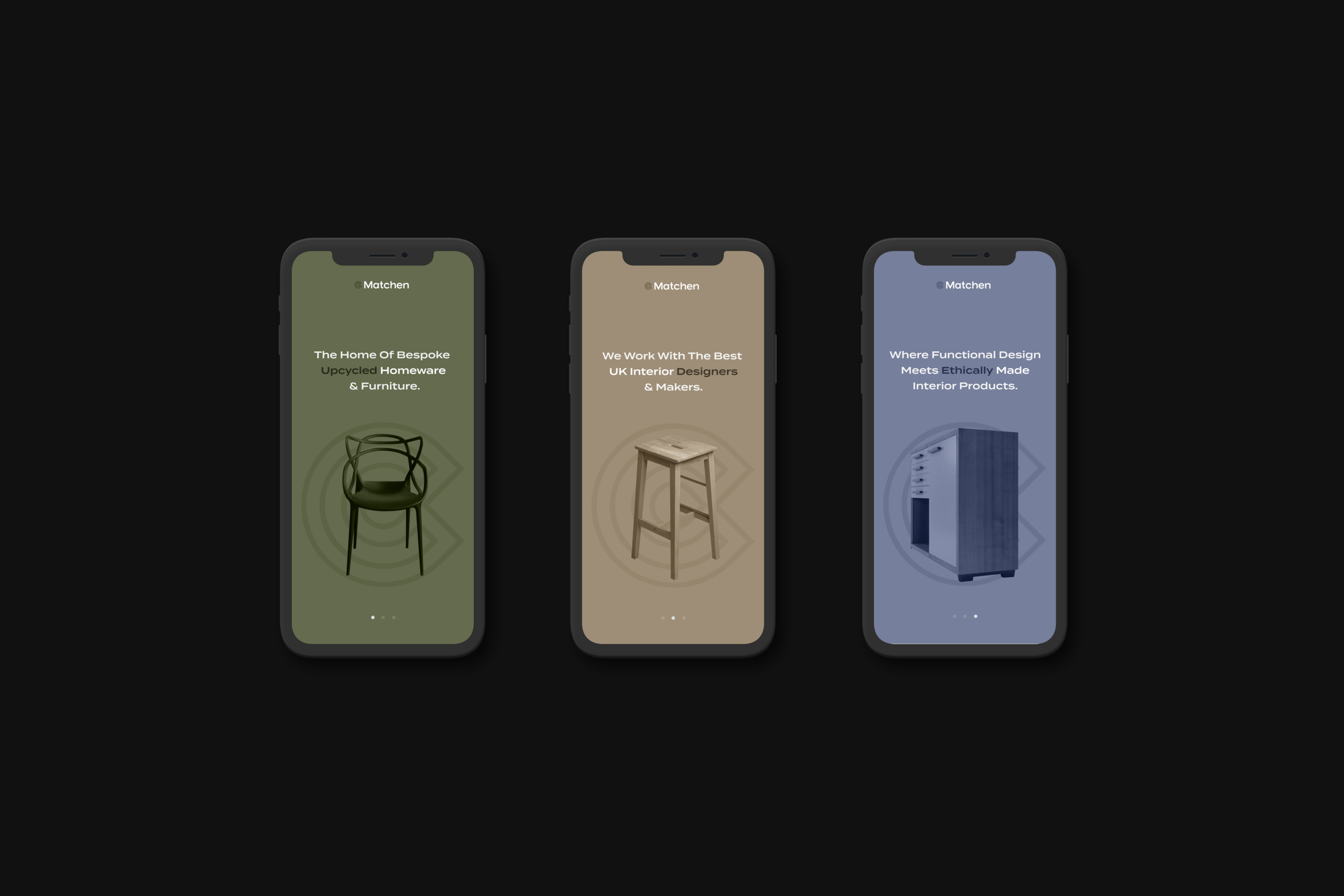 Mobile app UI design (in pastel green, brown and blue) for Matchen – Premium Upcycled Furniture Brand by Kara Vicca