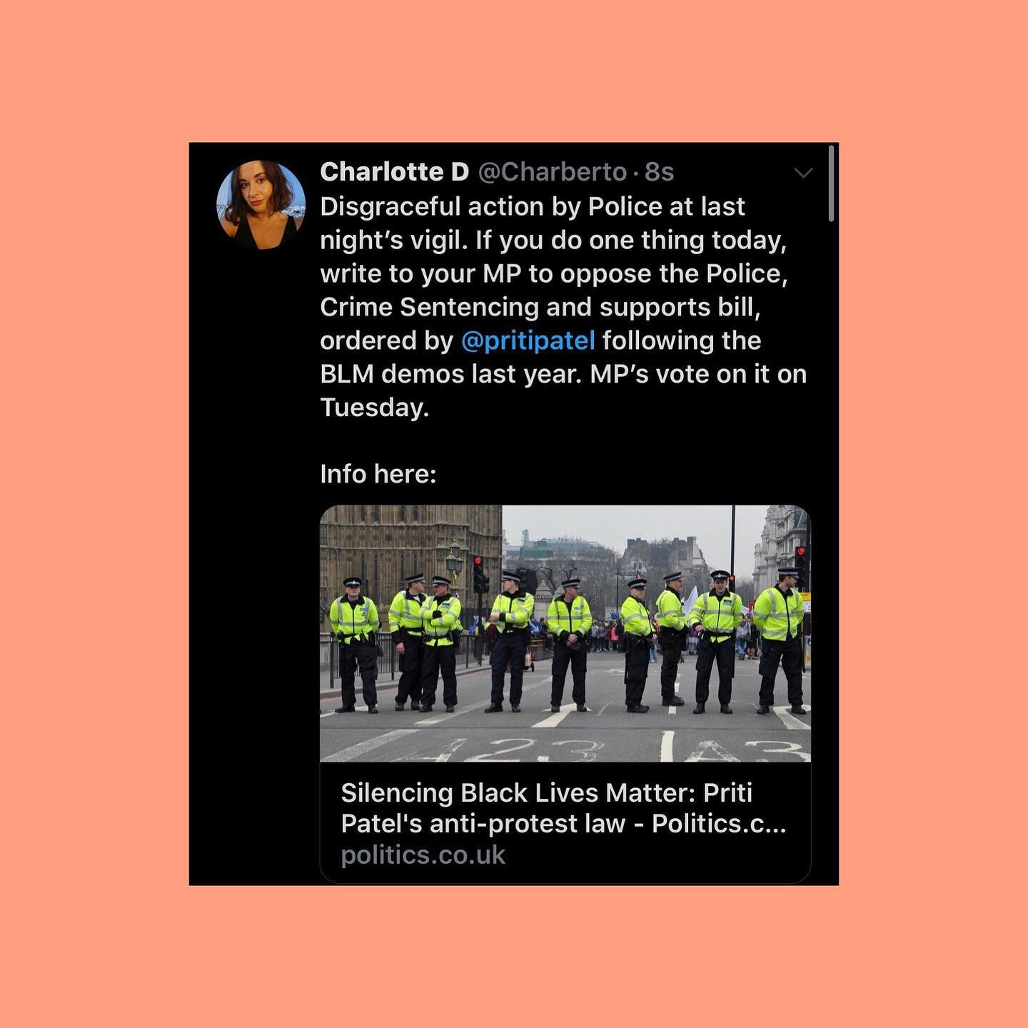 If there&rsquo;s one thing you do today, write to your MP to demand that they oppose the Police, Crime, Sentencing and Support Bill on Tuesday when it&rsquo;s voted on in Parliament. 

Introduced by Priti Patel in the wake of last year&rsquo;s BLM ma