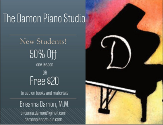 Currently I am offering a new student discount! New students receive either 50% off one lesson or free $20 to use on books and materials. Are you a current student? Refer a friend and you BOTH will receive this offer!