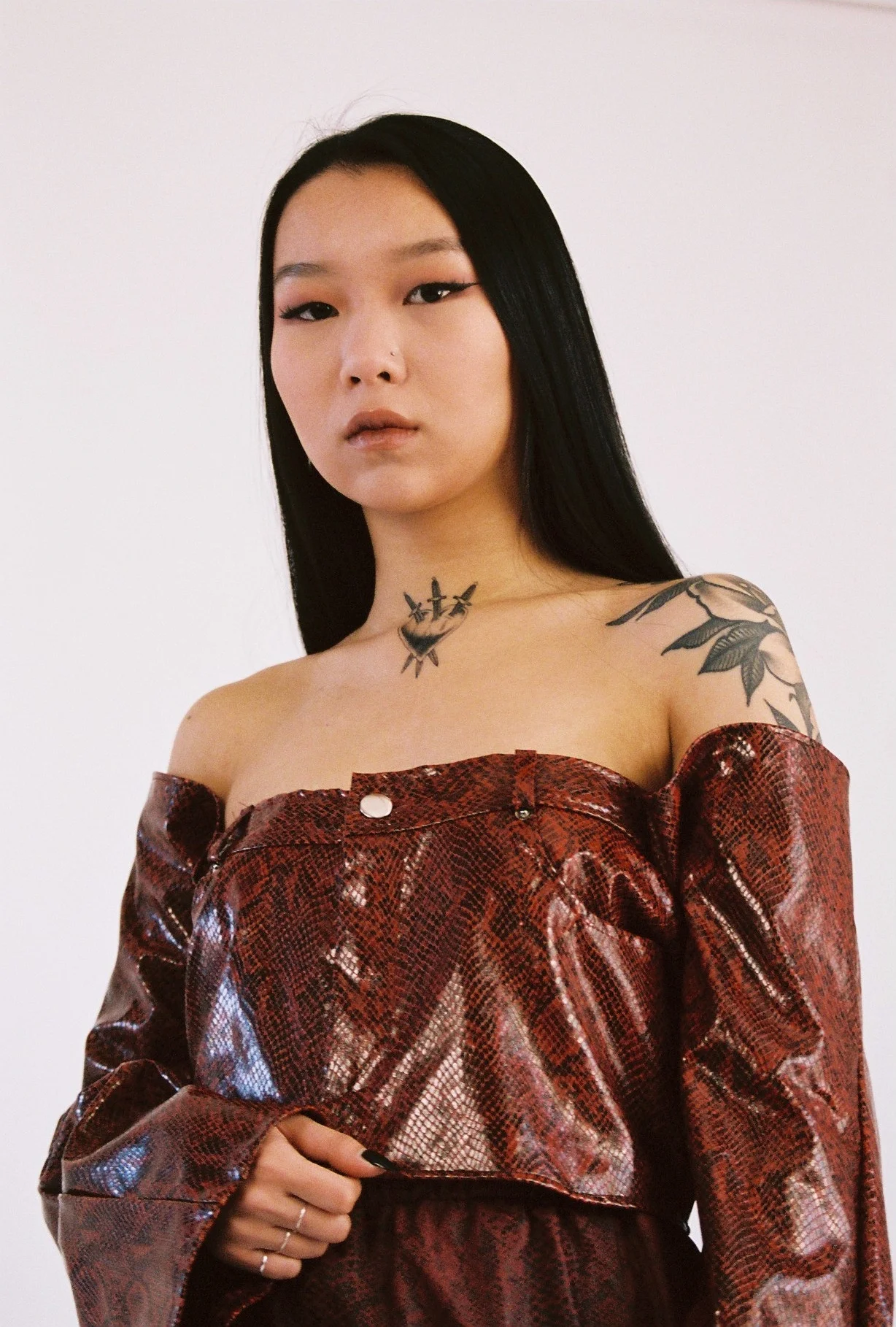  REWORKED FAUX SNAKE SKIN PANTS INTO AN OFF-SHOULDER TOP 