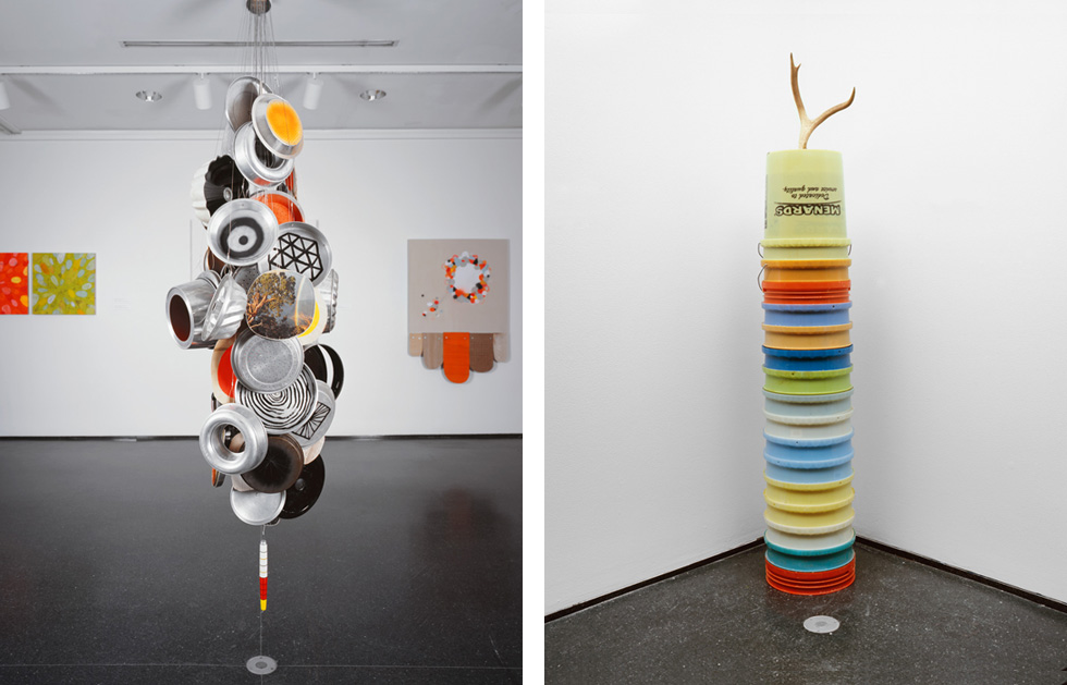  Circus Bells, 2007, hanging sculpture Menards, 2006, found plastic buckets and gold deer antler 