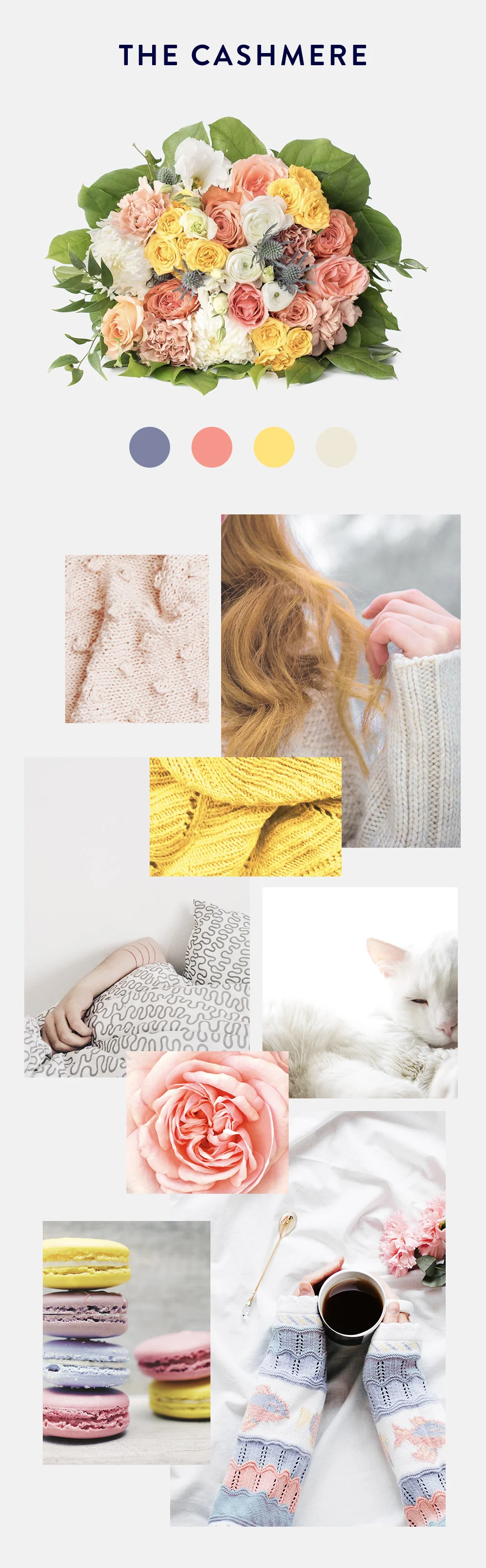 The Cashmere - "I focused on textures for this bouquet. The delicate ranunculus petals, the fluffy albatross mums, and the luxurious kahala roses all have soft textures that reminded me of a comforting sweater or blanket."