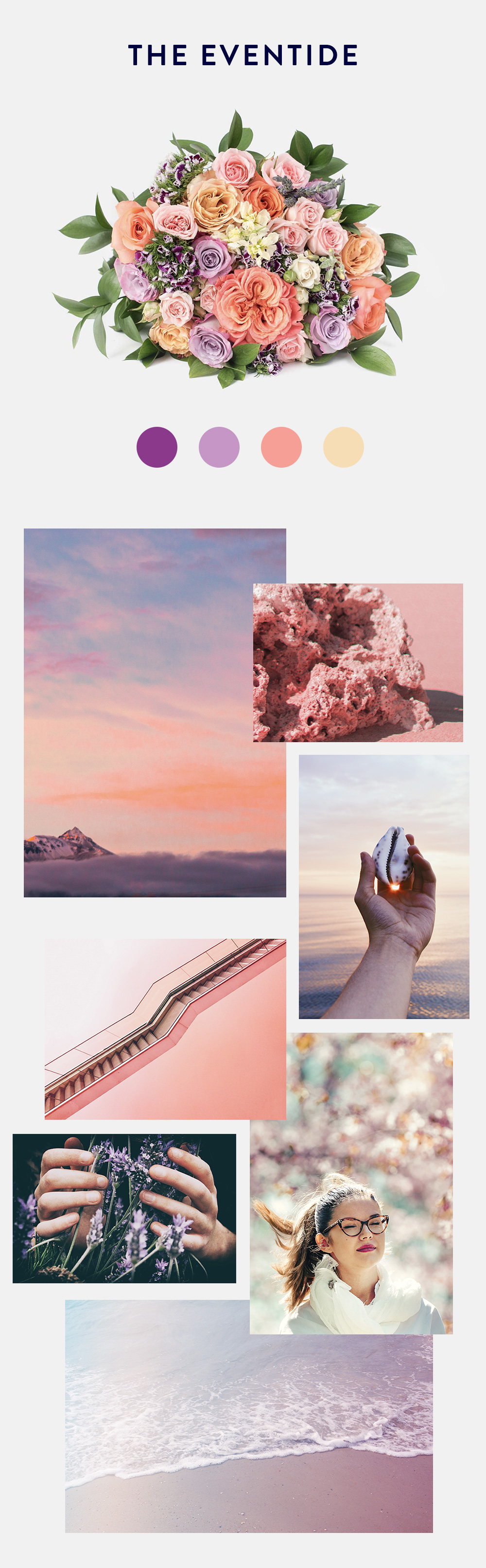 The Eventide - "The palette in this bouquet captures the ephemeral lavender, orange and pinks in the sky for those few minutes between dusk and night fall."